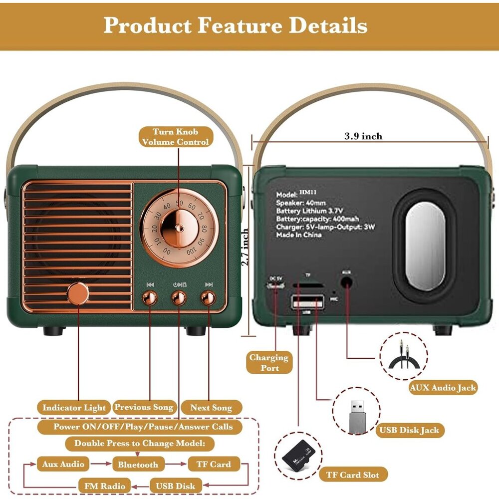 Retro Bluetooth Speaker, Wireless Mini Portable S… - image 8
